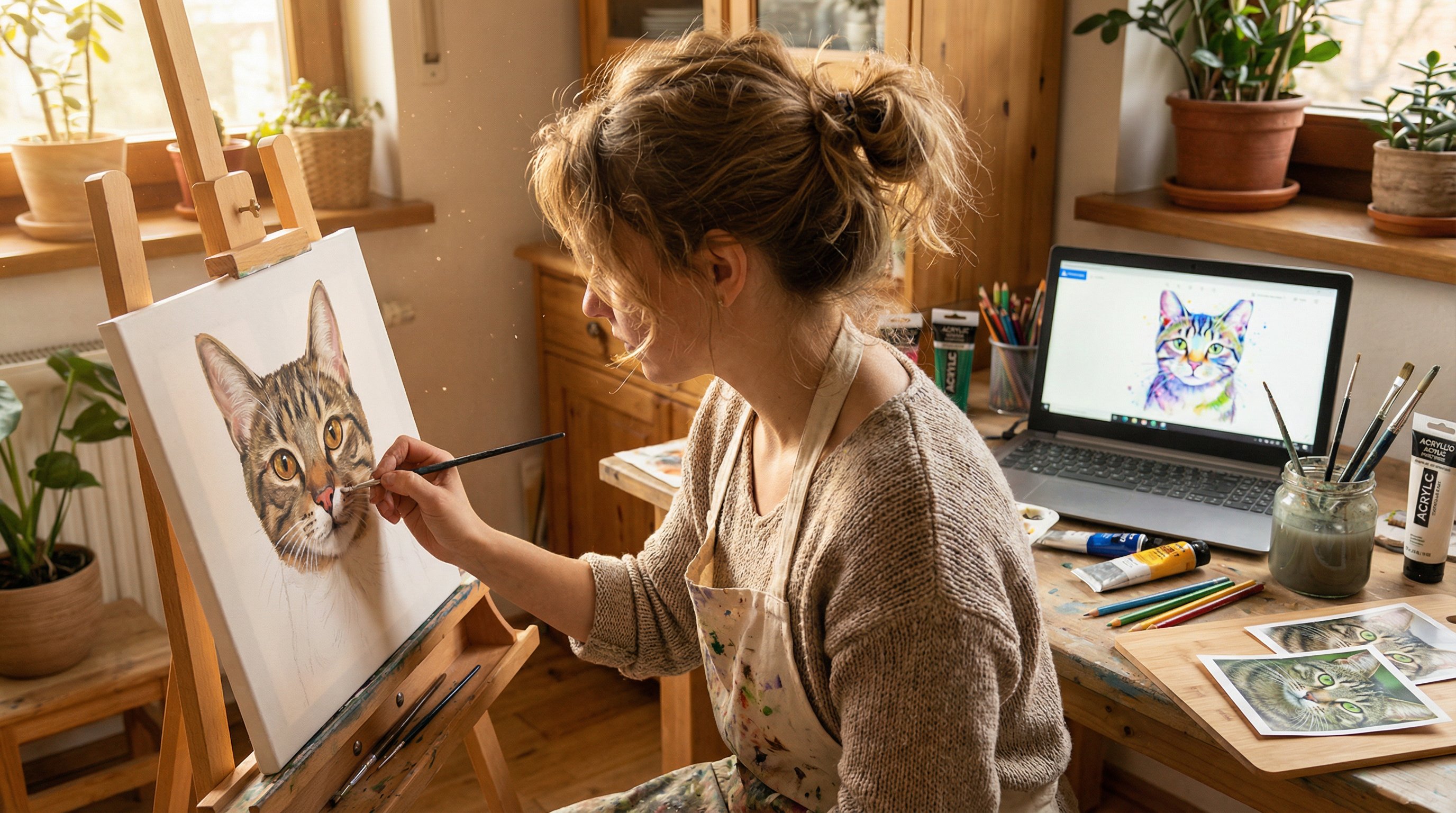 Artist painting a cat portrait on canvas beside a laptop showing AI-generated cat art.