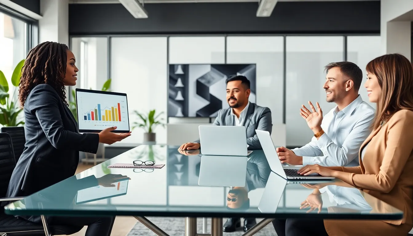 diverse real estate team in a modern office meeting.