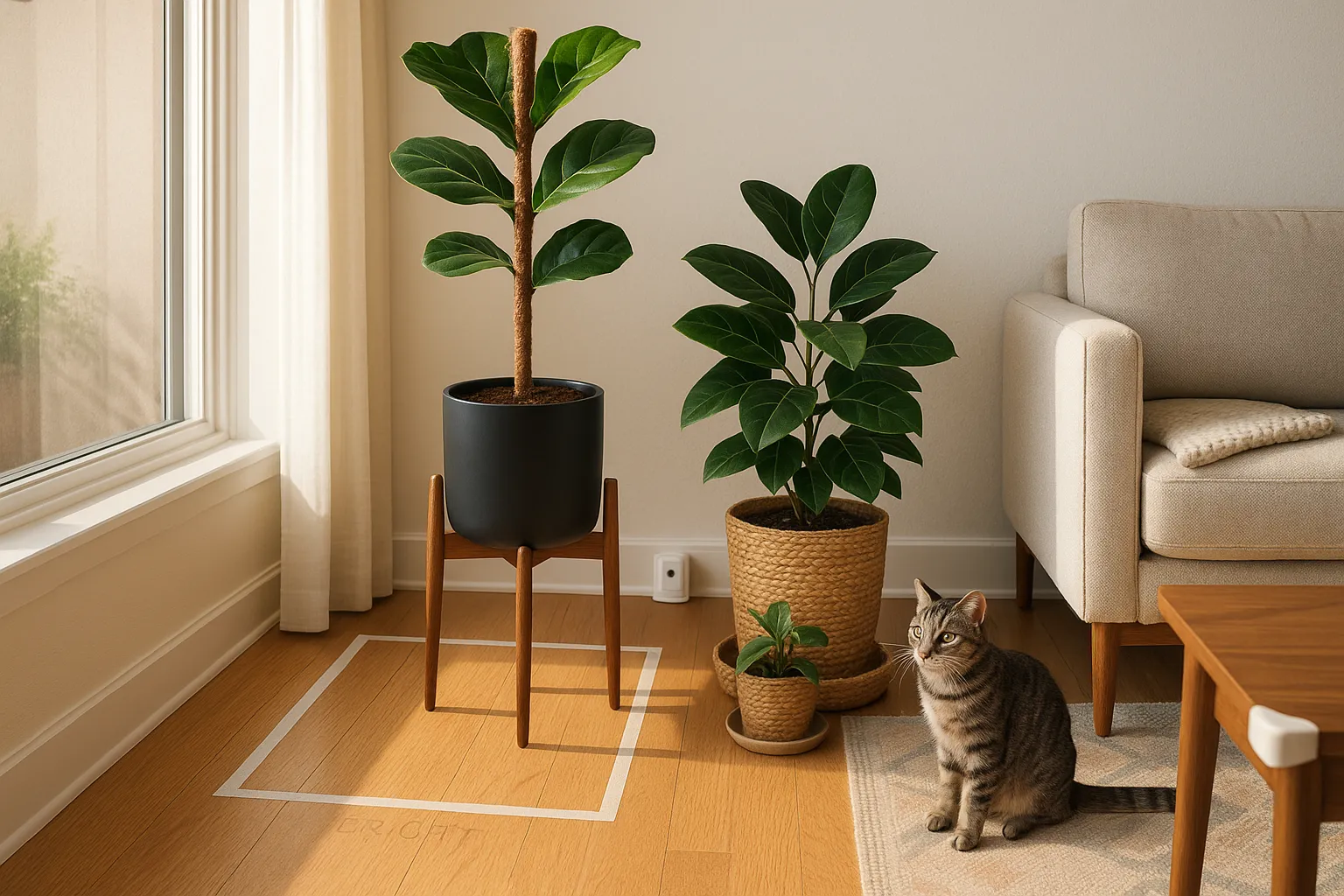 Living room showing fiddle leaf fig by window and Ficus Audrey in woven basket.