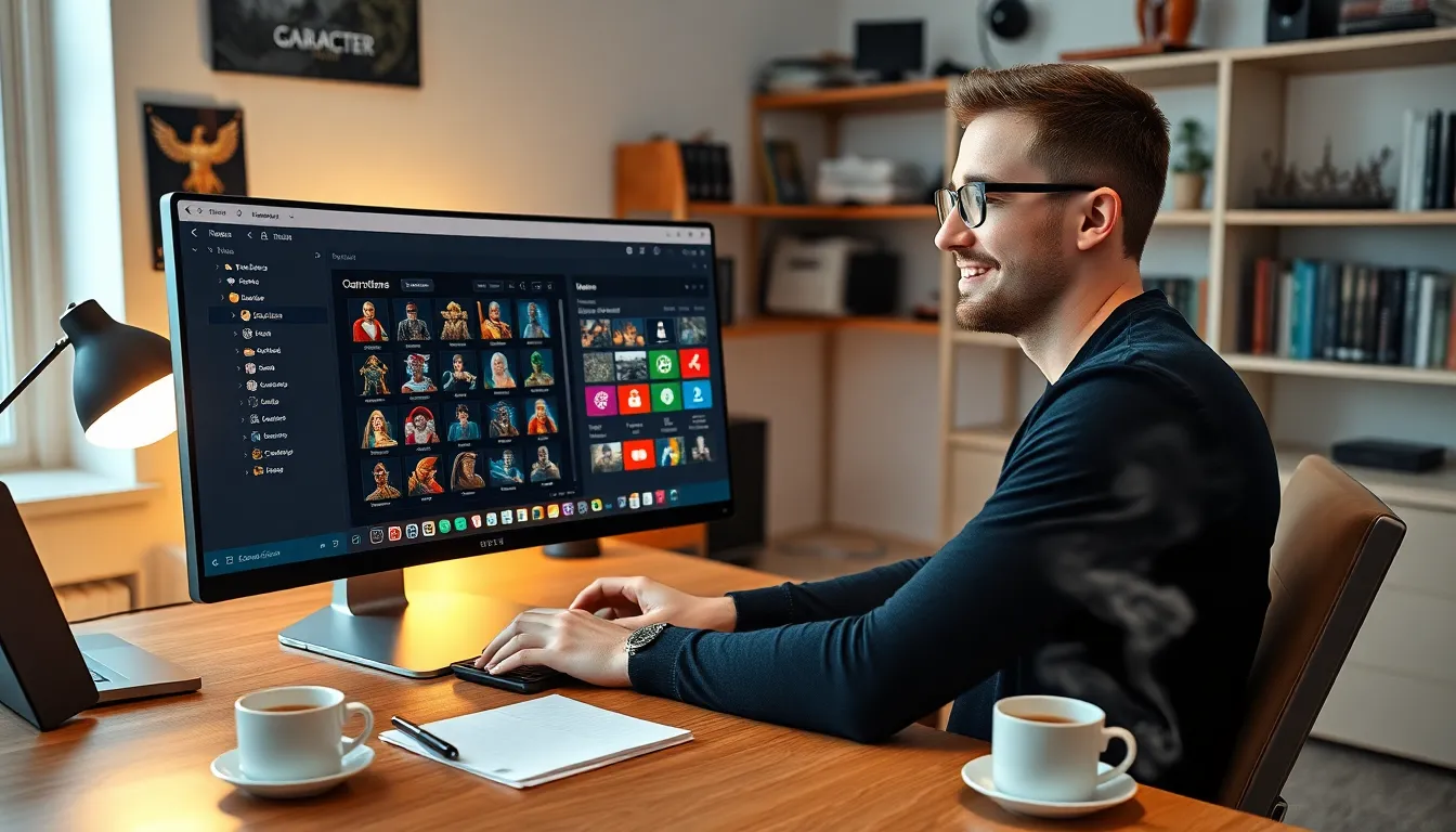 a young man creating game characters in a home office.