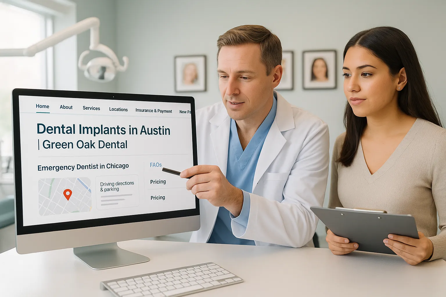 Dentist and staff reviewing a localized, patient-friendly dental website on a computer.