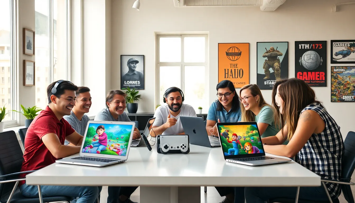 diverse gaming enthusiasts collaborating in a modern workspace.