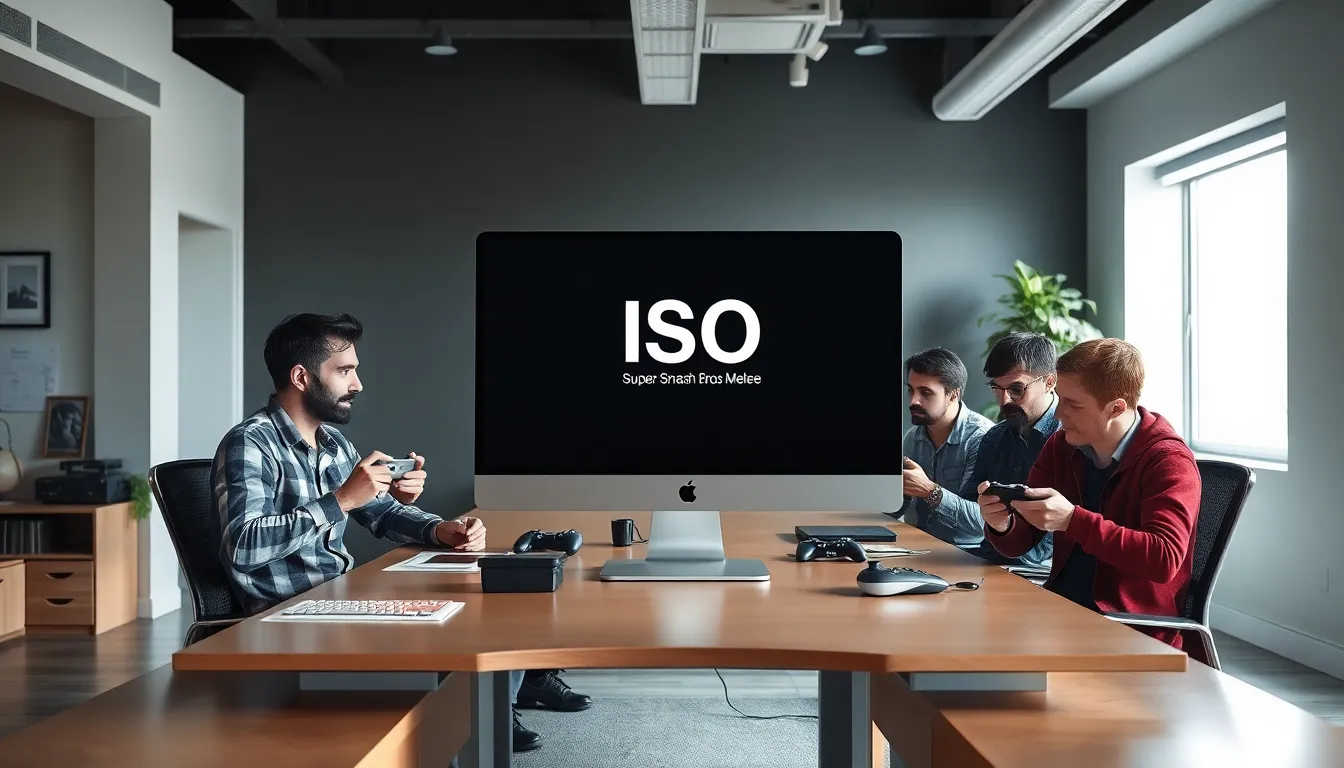 professionals discussing gaming technology in a modern office.