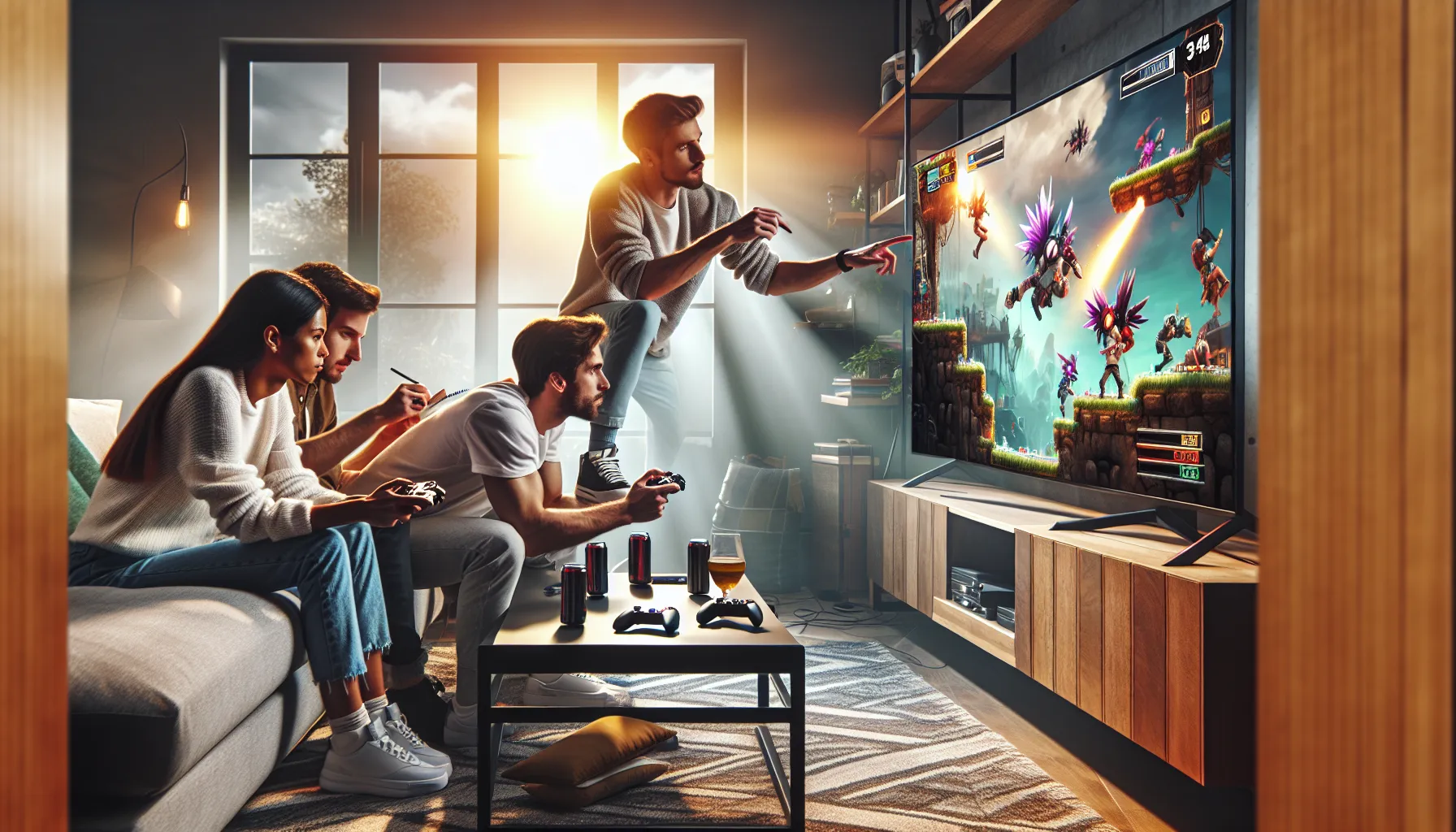 friends discussing strategies while playing Undercade in a cozy living room.