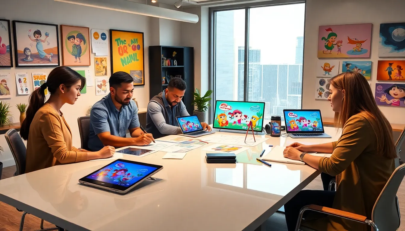 diverse team collaborating in a modern animation studio.