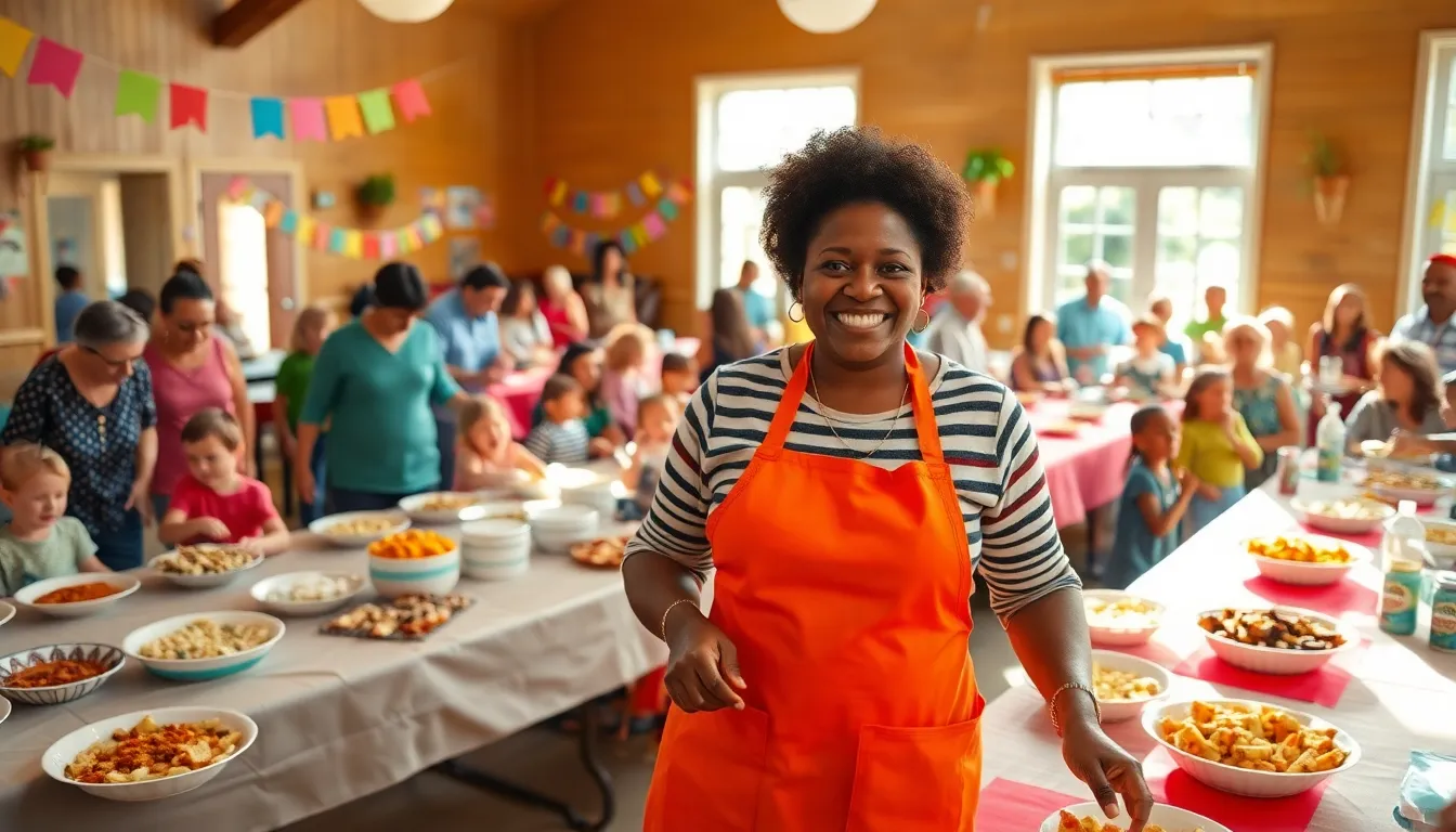 a diverse group enjoying a potluck in a community center.