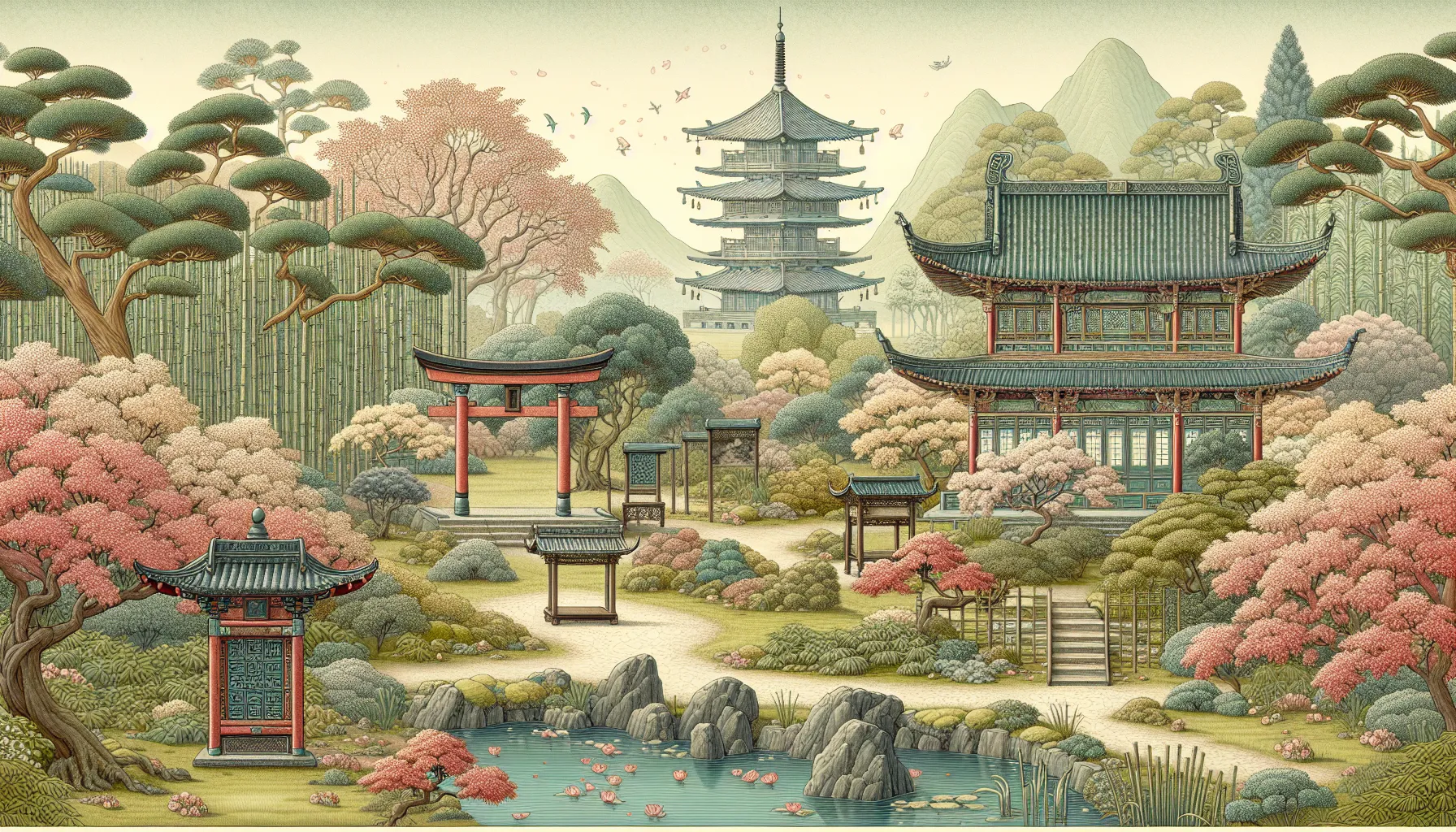 Historic Chinese and Japanese cultural elements displayed in a garden setting.