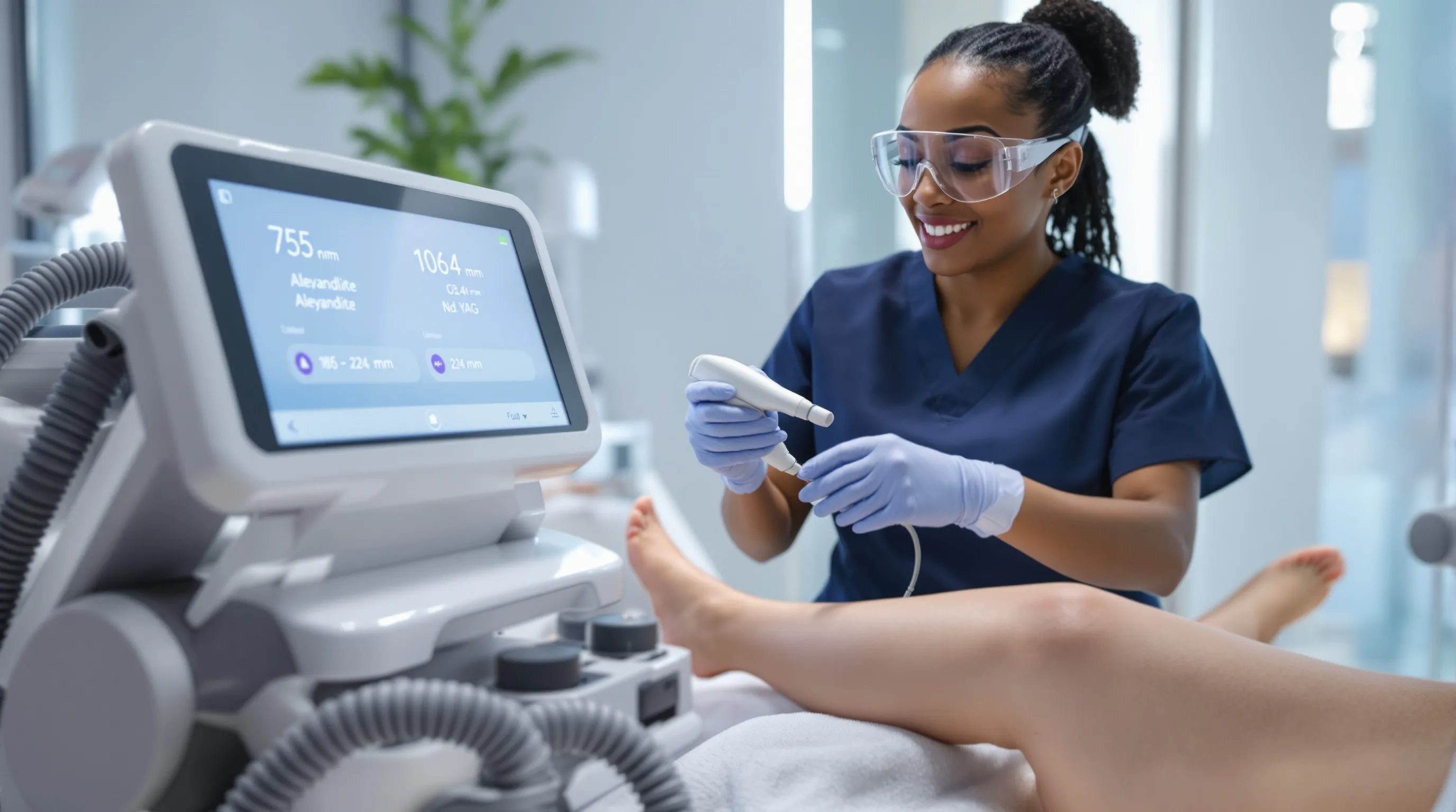 Clinician uses dual-wavelength laser on patient’s leg, selecting Alexandrite on screen.