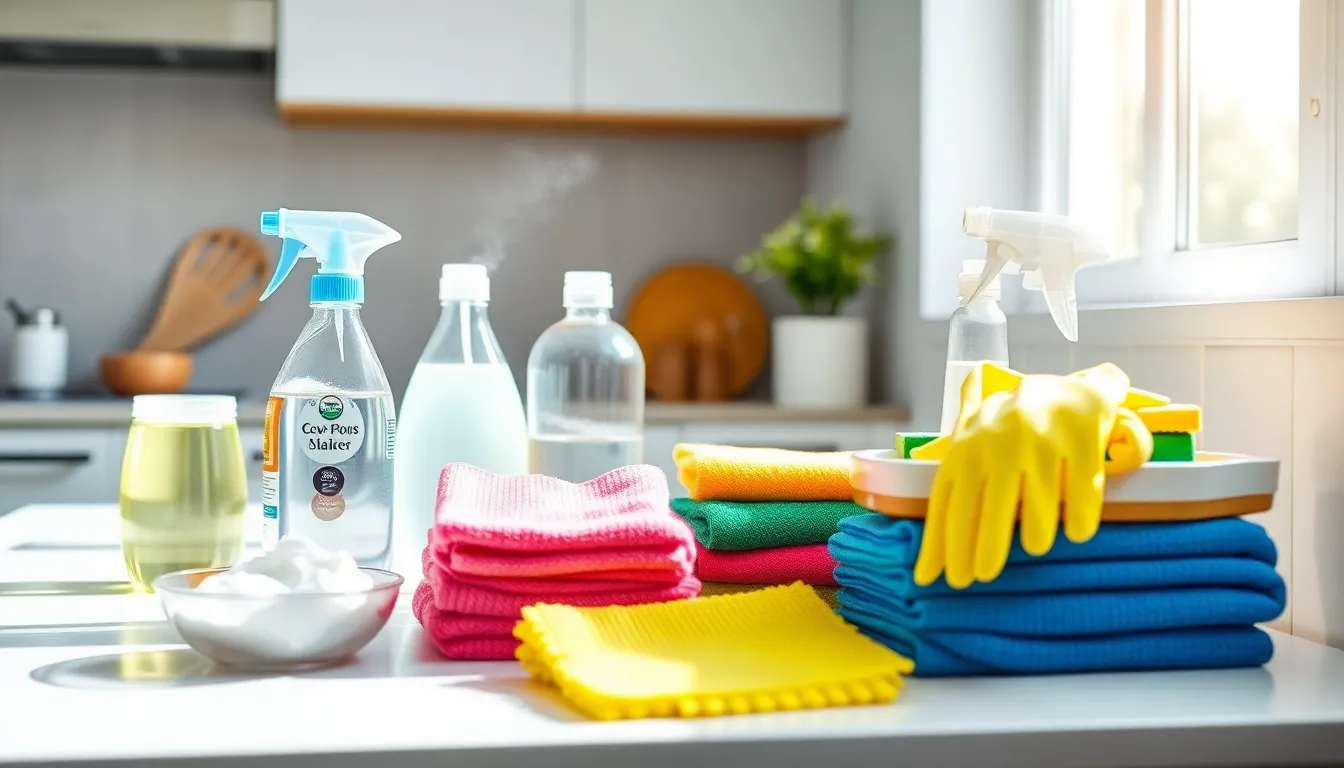 essential kitchen cleaning supplies on a modern countertop.