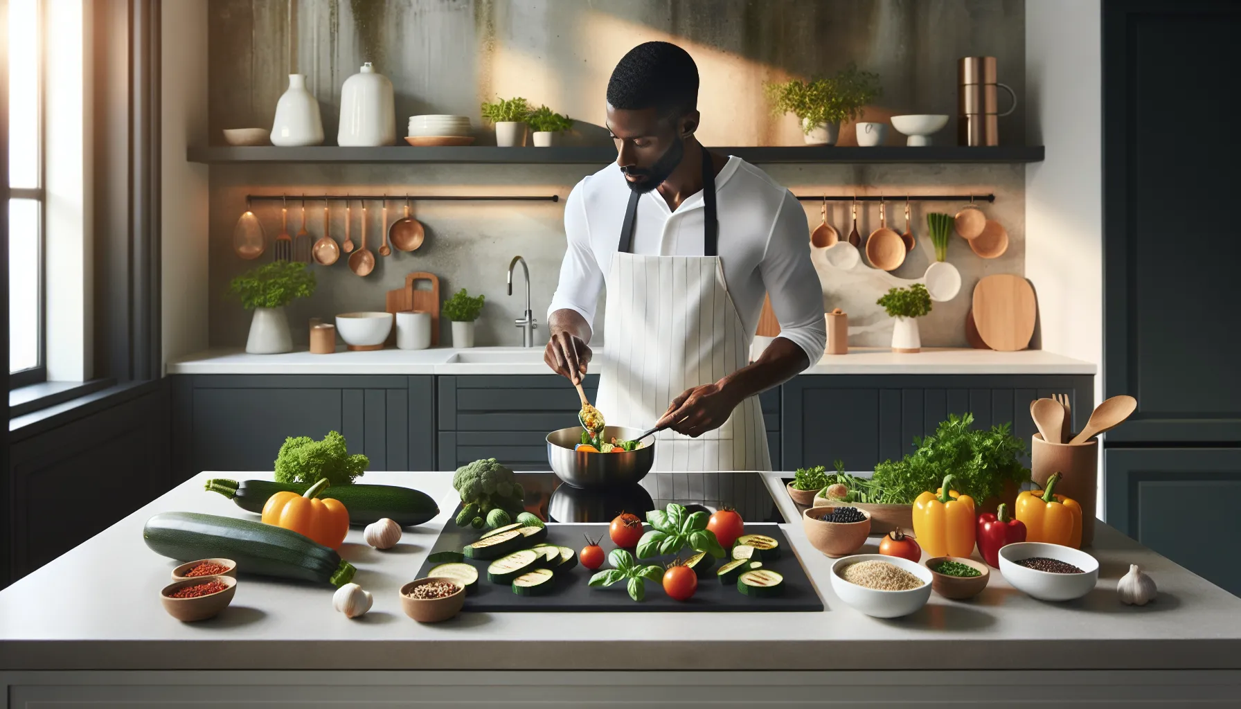 diverse chef preparing light recipes in a modern kitchen.