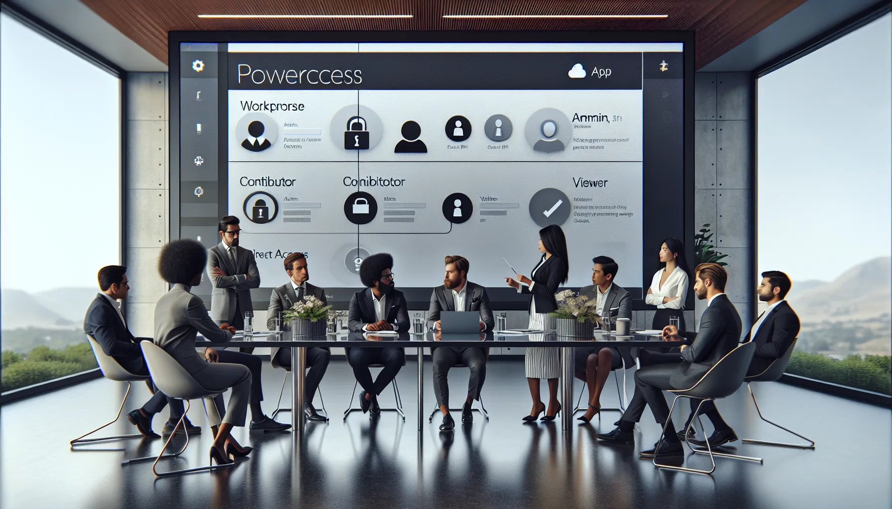 Team configuring Power BI workspace and app permissions on a large office display.