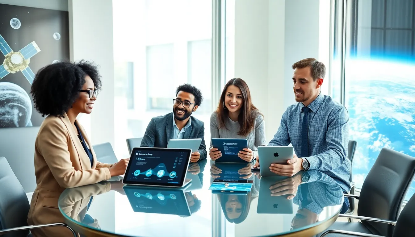 diverse professionals discussing space technology in a modern conference room.