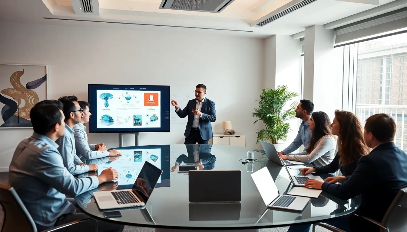 diverse team discussing concepts in a modern office setting.