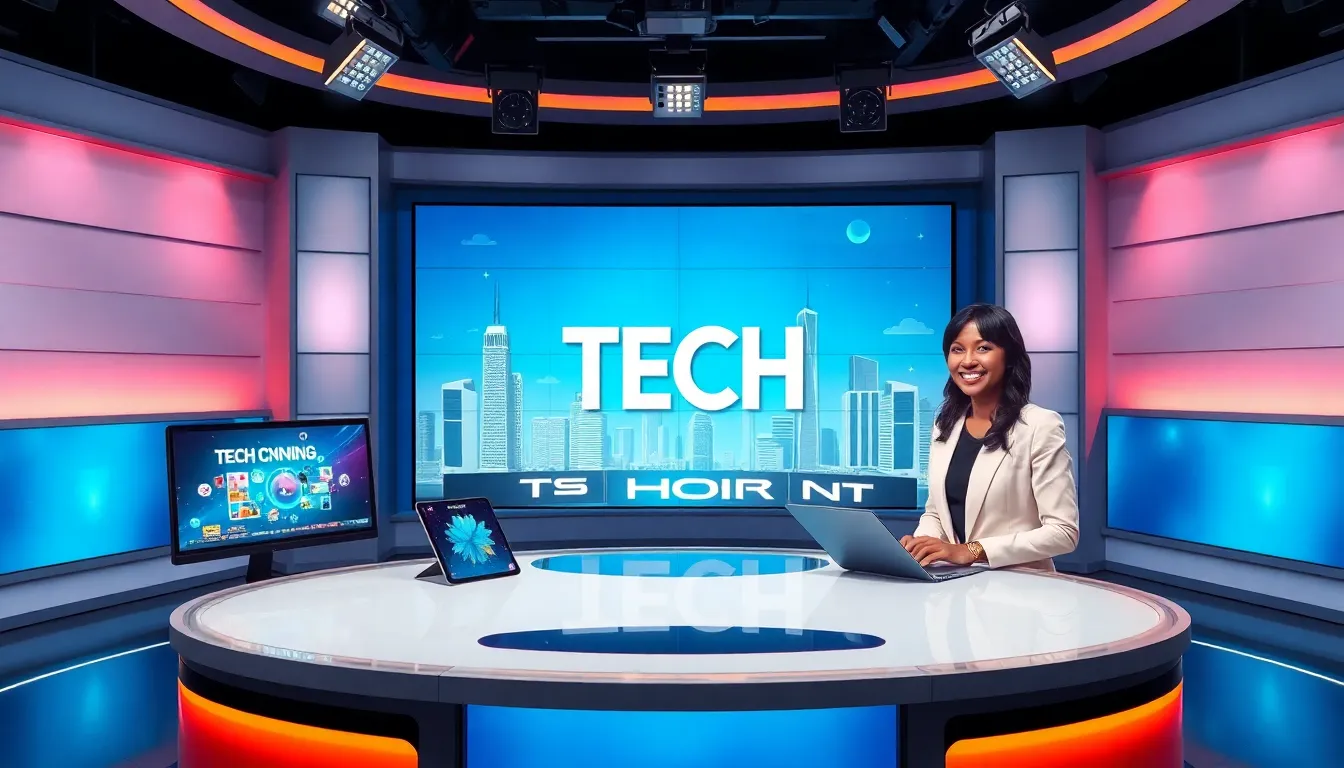a tech news host in a modern studio engaging with the audience.