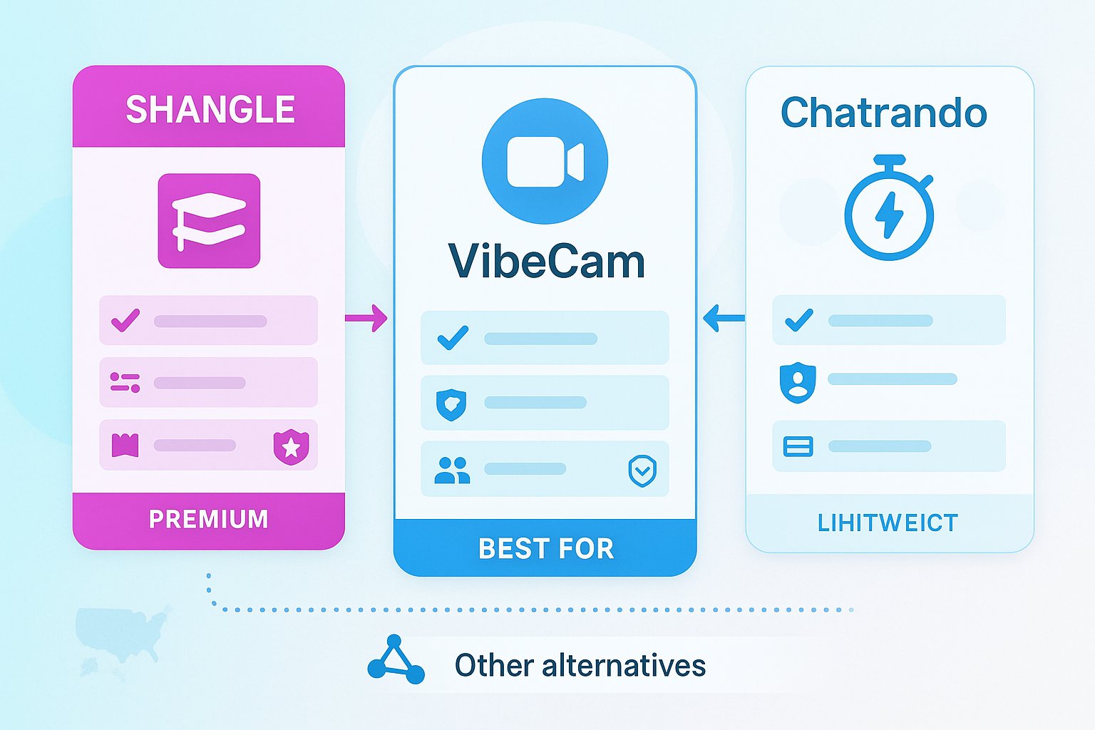 Three-panel comparison of Shangle, VibeCam, and Chatrando features and uses.