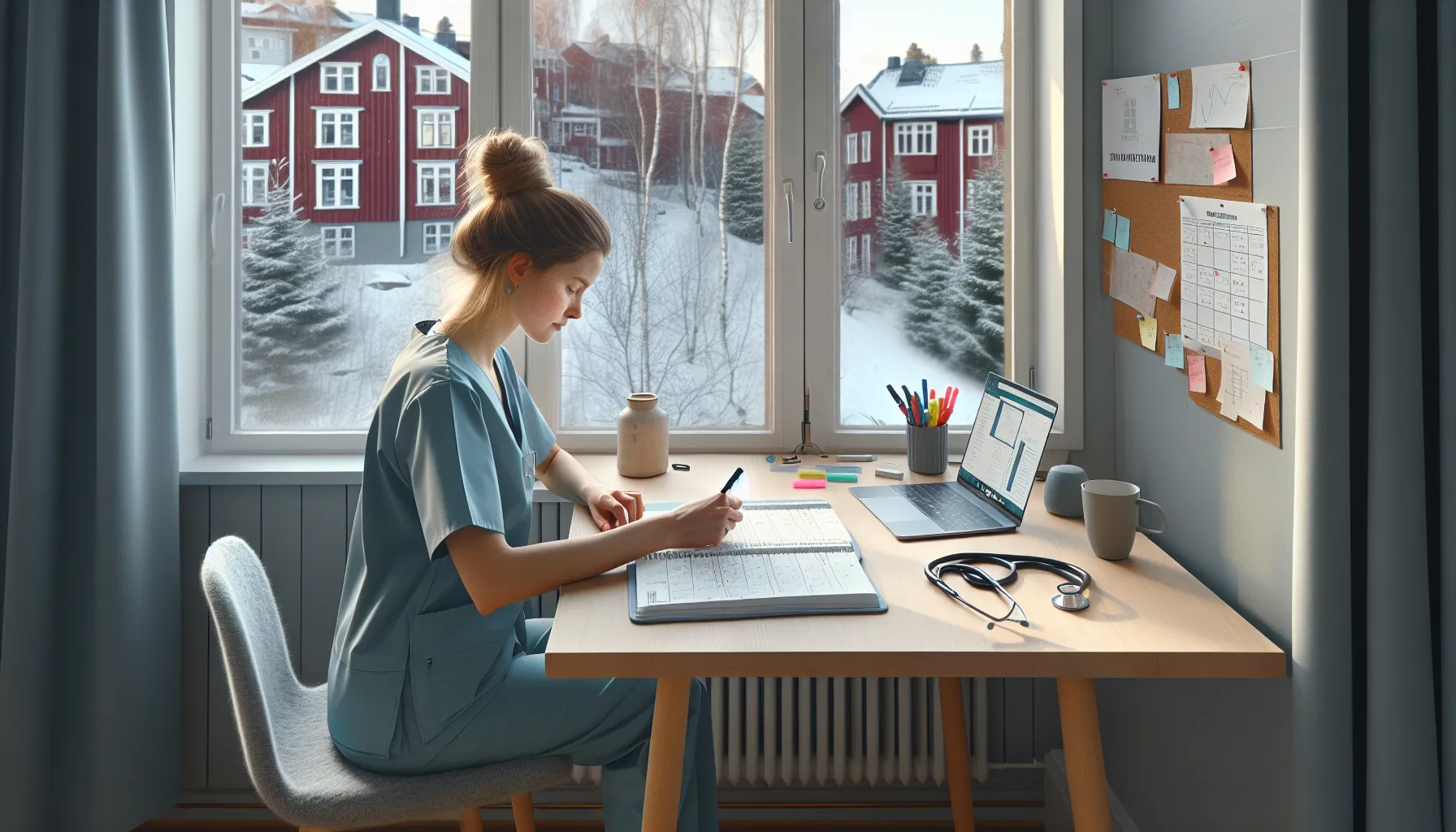 Norwegian nurse in scrubs planning study goals and milestones at a kitchen table.
