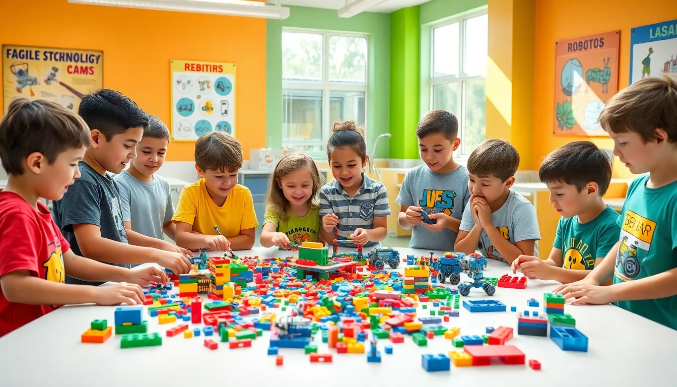 children collaborating with LEGO bricks at Snapology summer camp.