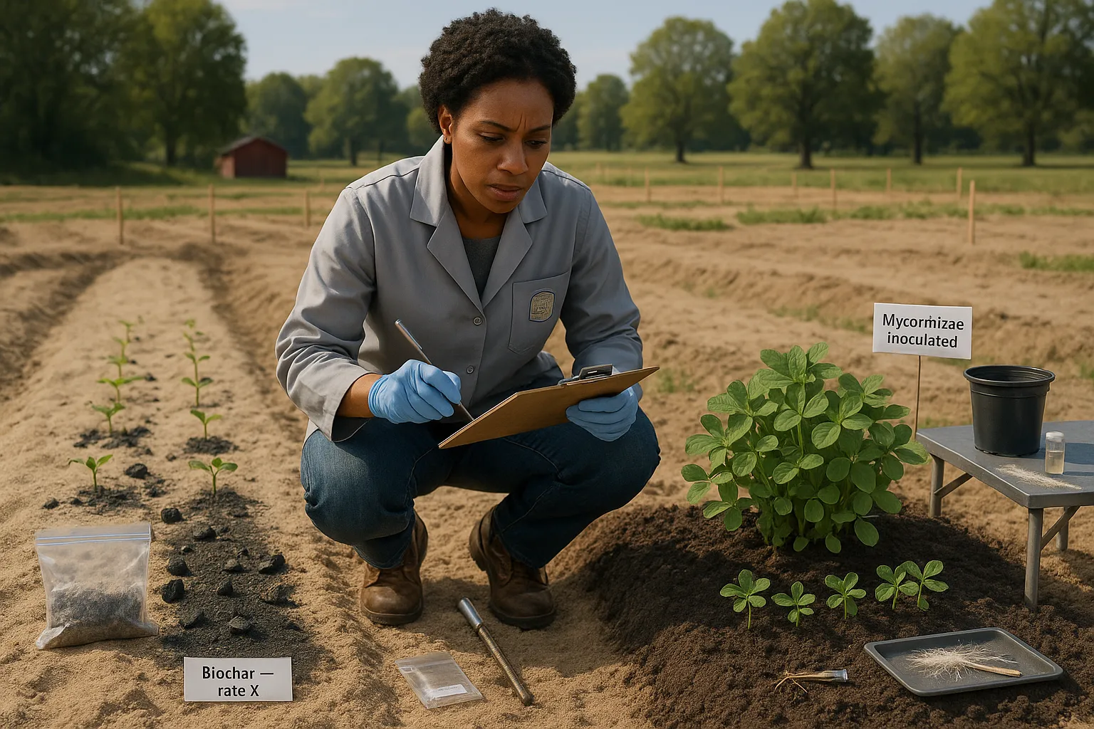 Researcher comparing biochar-amended plot and mycorrhizae-inoculated plot in field.