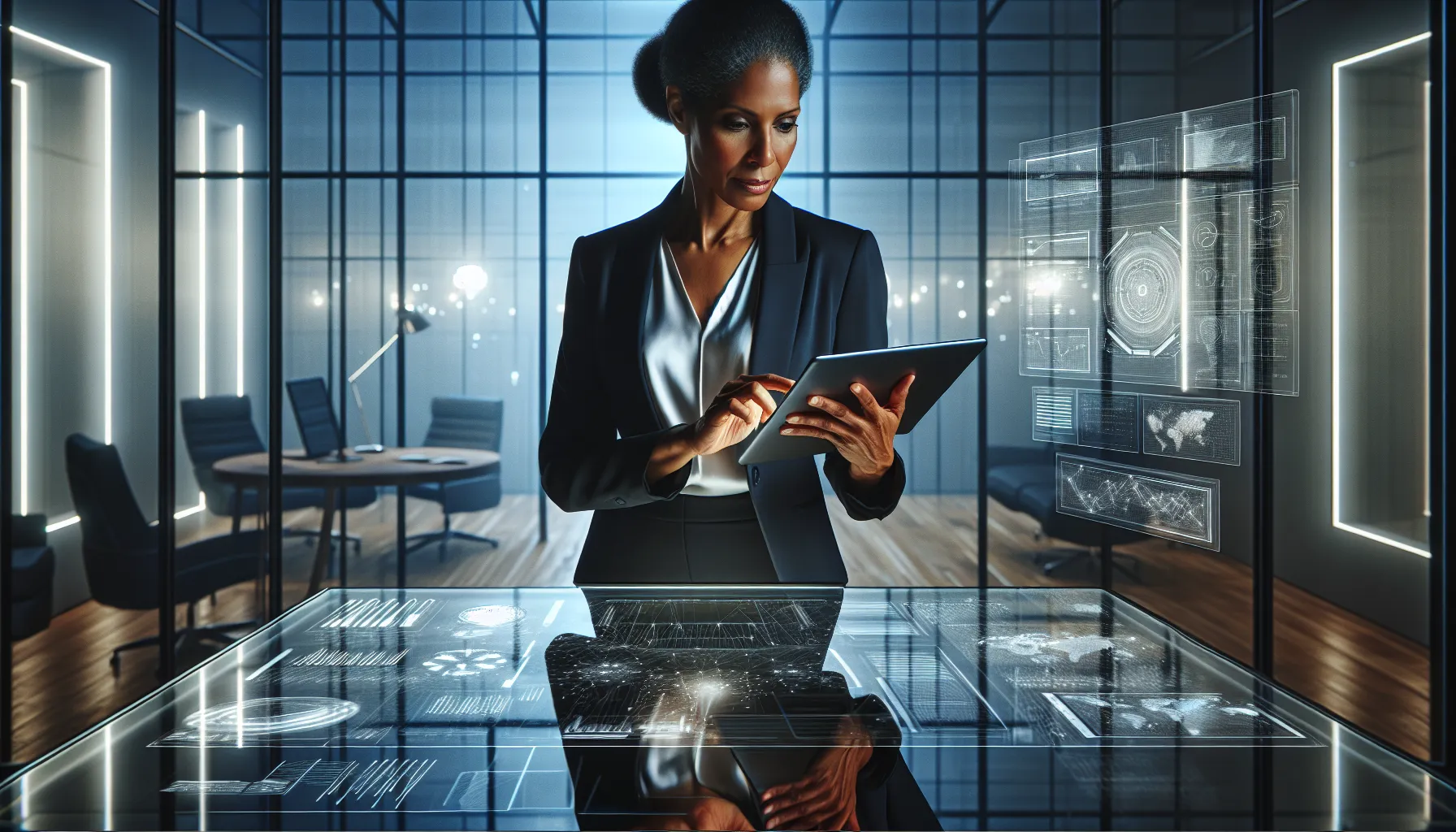 professional analyzing data on a tablet in a modern office.