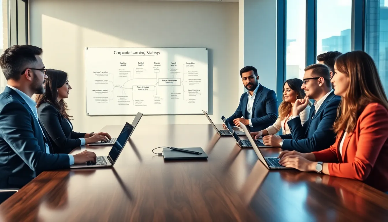 diverse team strategizing corporate learning in a modern office.