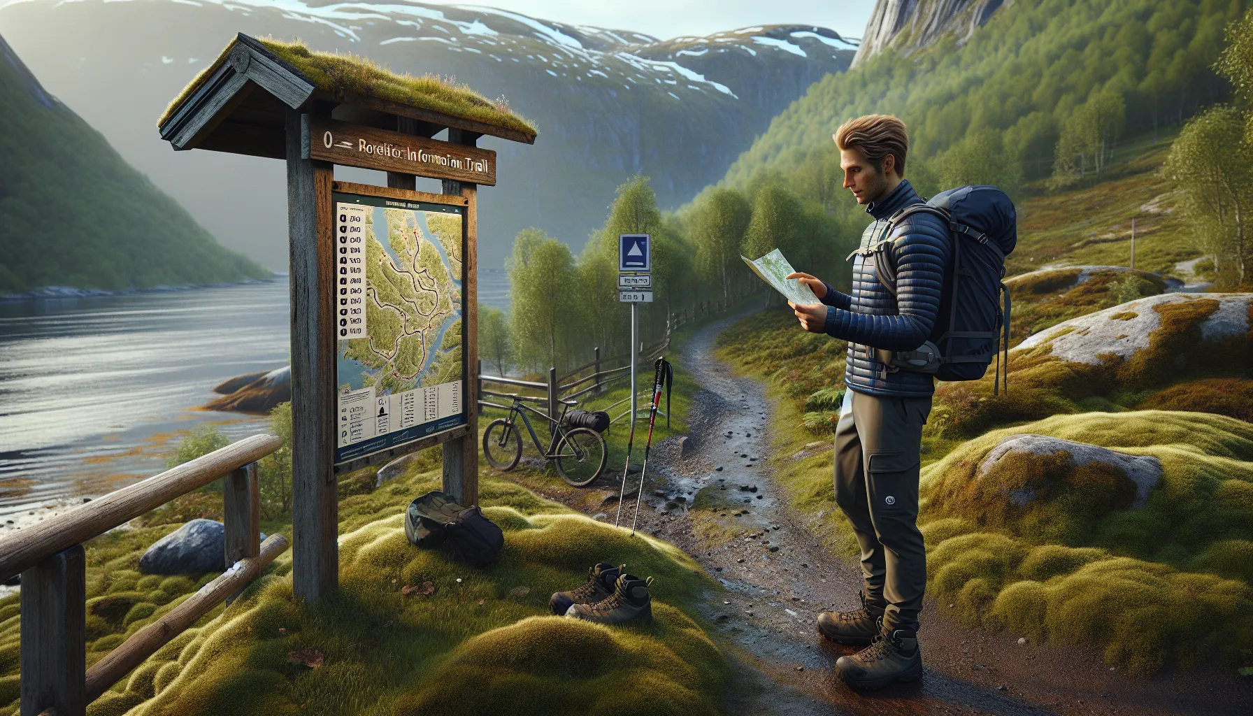 Hiker in norway compares map and phone at a trailhead information board.
