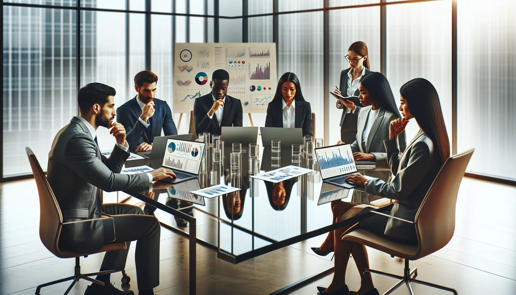 diverse professionals analyzing data in a modern office.