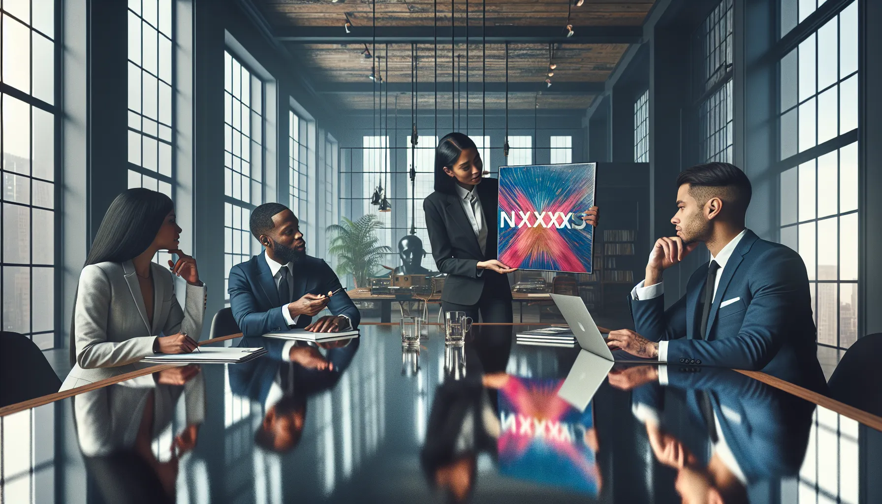 Diverse team discussing NXXXXS vinyl in a modern office setting.