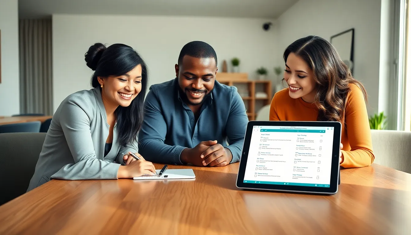 professionals collaborating on a home maintenance checklist in a modern office.