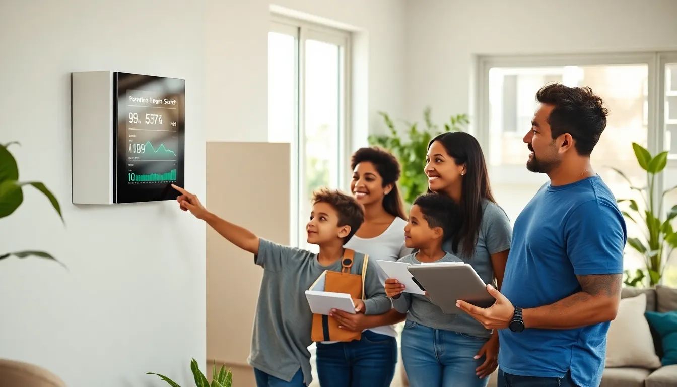 a family learning about power management in their modern living room.