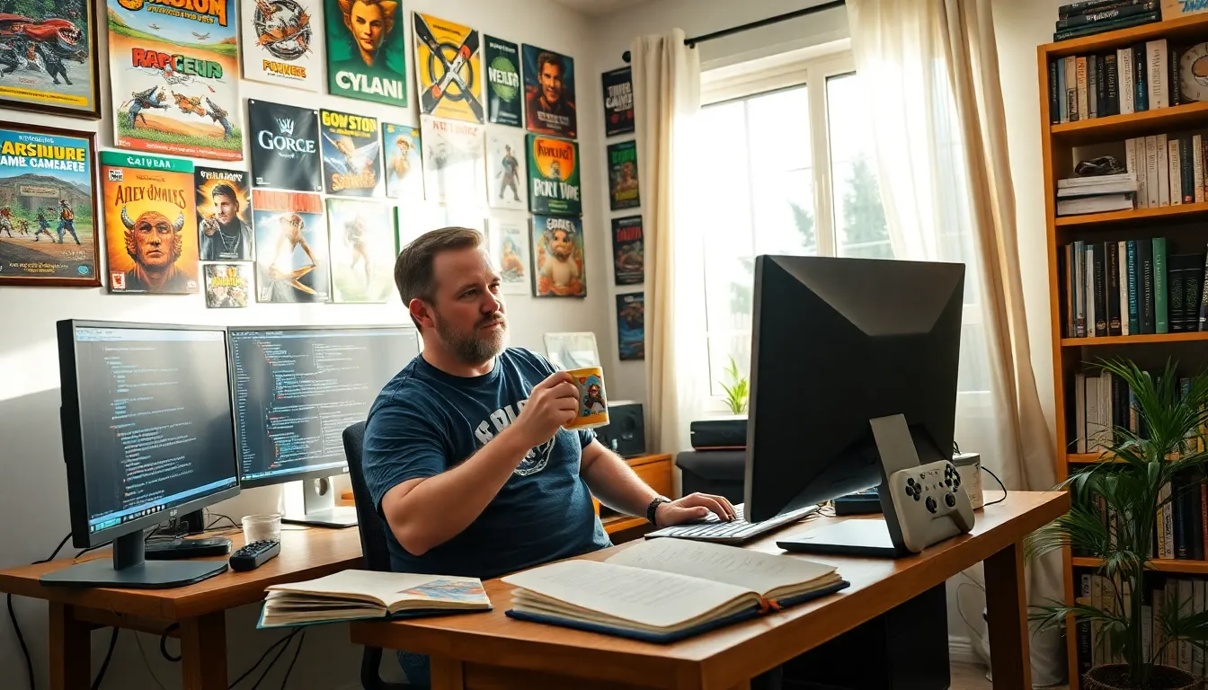 A passionate game developer working in a cozy home office filled with gaming memorabilia.