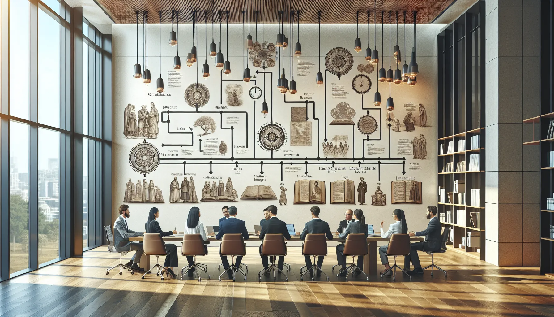 Professionals analyzing a historical timeline in a modern office.