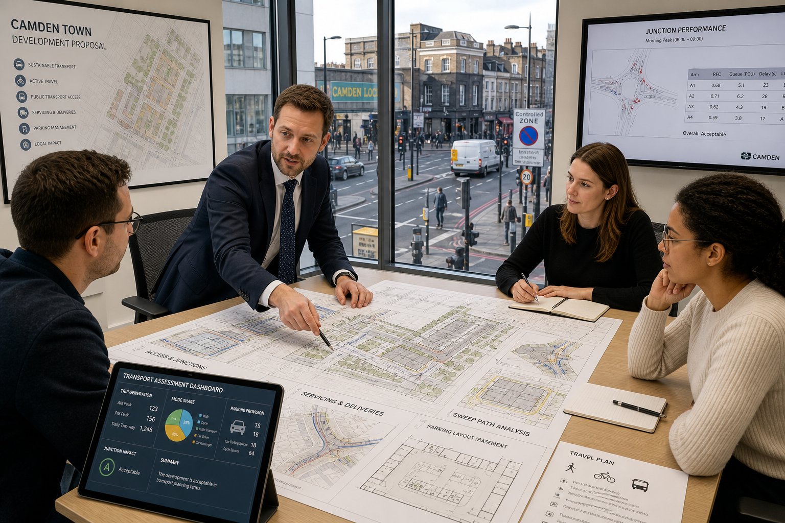 Traffic engineer reviewing Camden Town development plans with project team.