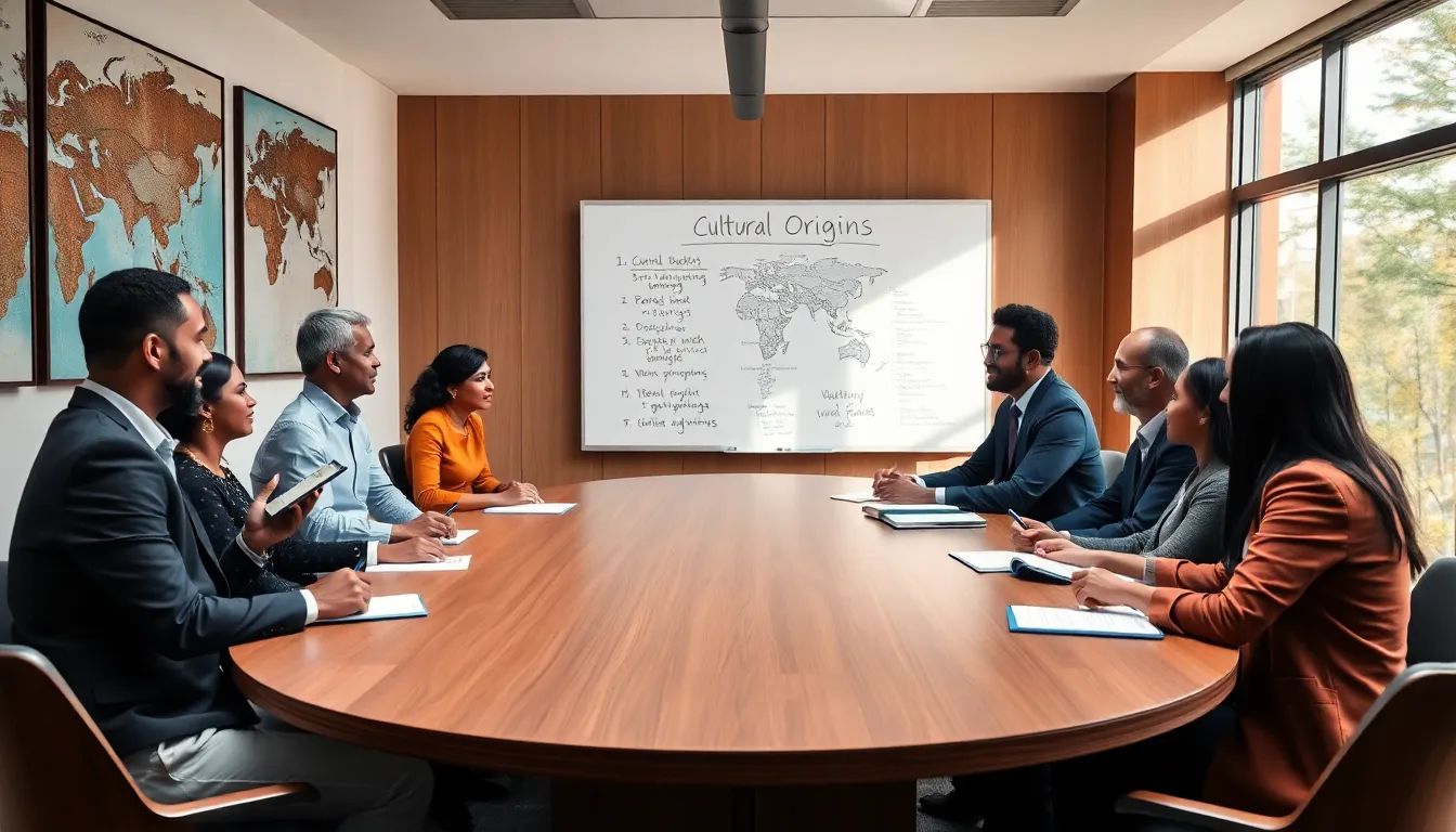 diverse scholars discussing cultural origins in a modern office setting.