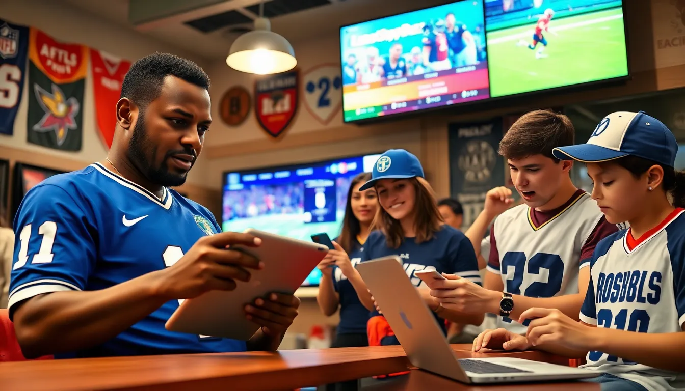 Fans engaging with LatestSportsBuzz on devices in a lively sports setting.