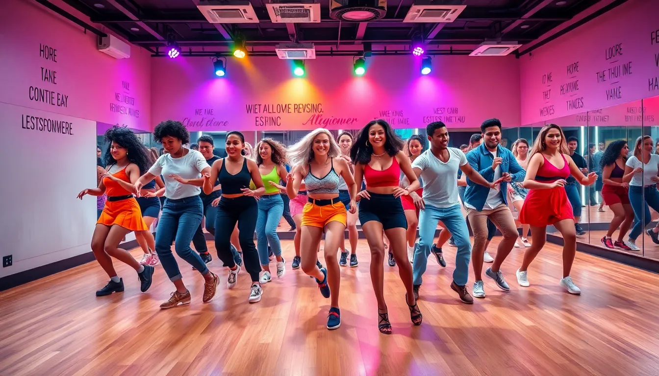 diverse dancers in a vibrant studio enjoying music.