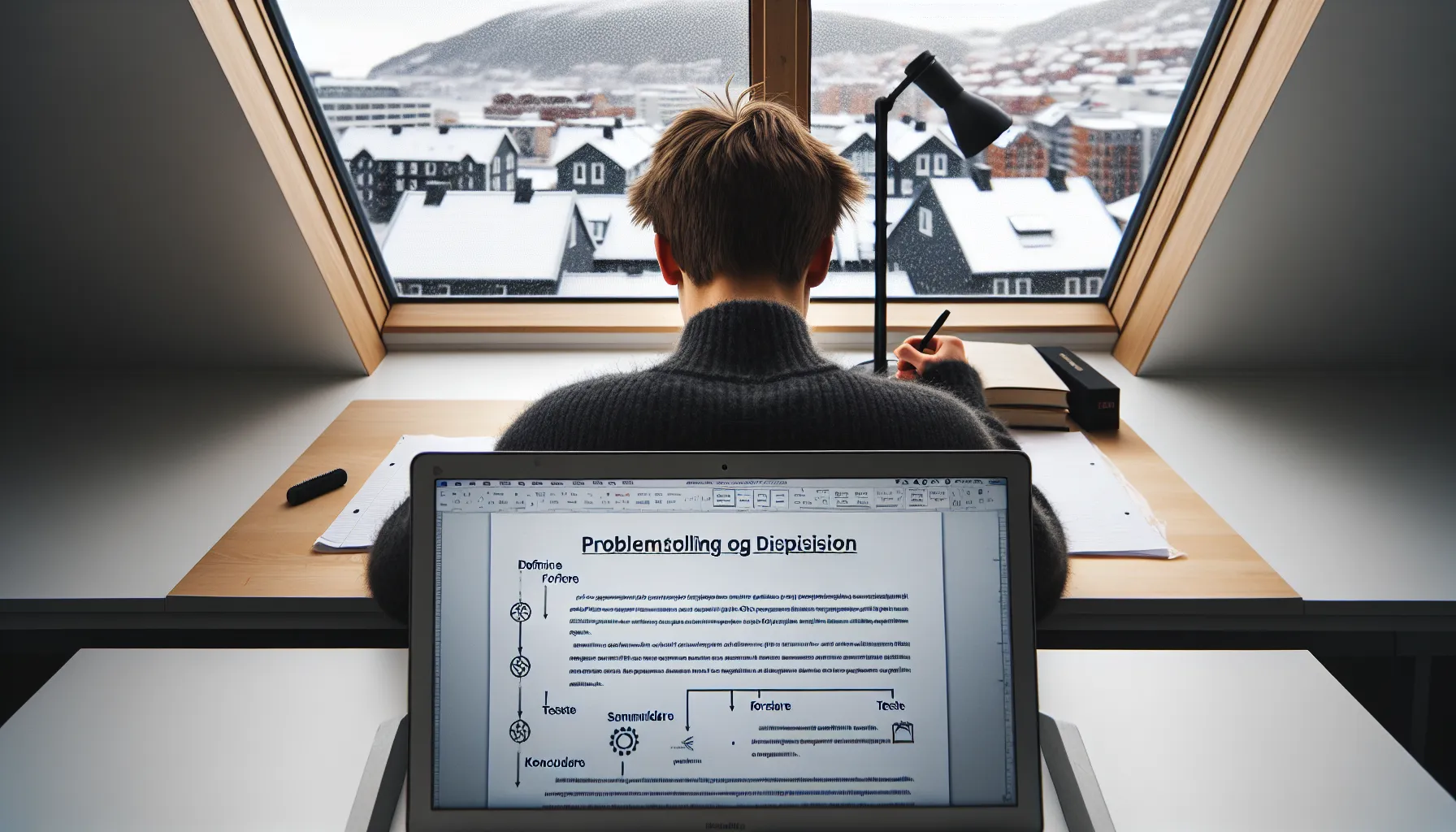 Hvordan strukturere en oppgave for å få toppkarakter 3 Student in oslo drafting a precise problem statement and outline on laptop.