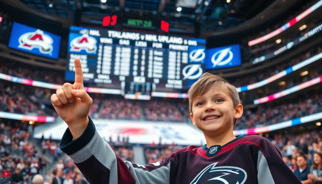 young fan in an Avalanche jersey cheering in an enthusiastic hockey arena.
