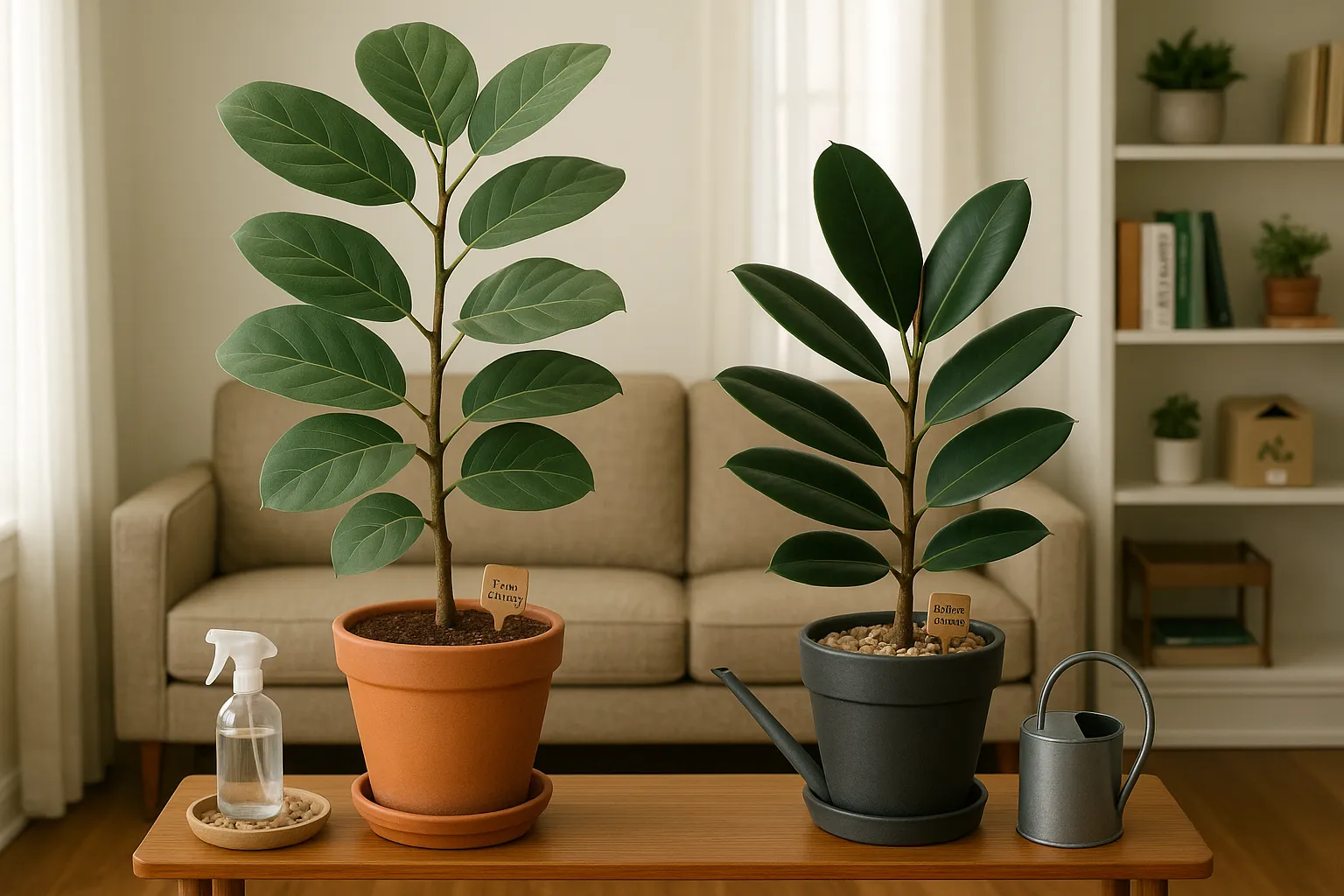 Side-by-side Ficus Audrey and Rubber Plant in a bright living room.