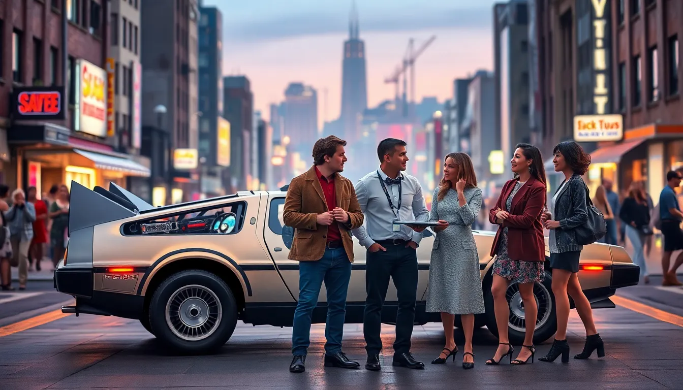 diverse group discussing futuristic predictions inspired by Back to the Future.