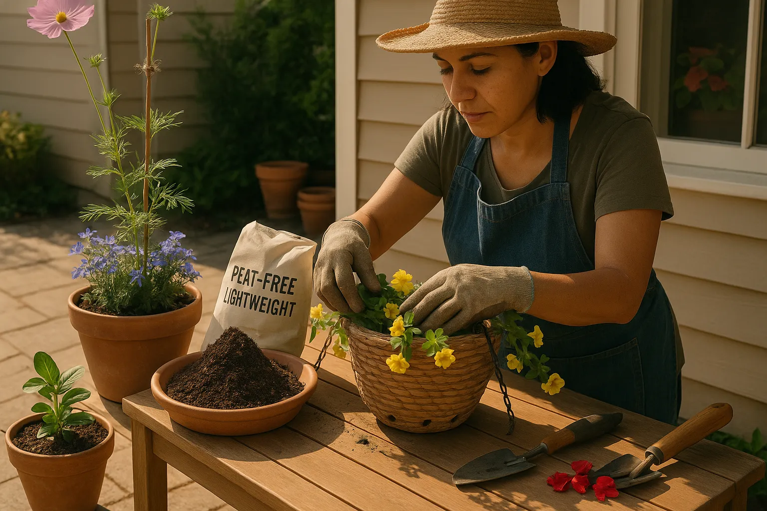 Gardener planting trailing calibrachoa into a lightweight hanging basket on a sunny patio.