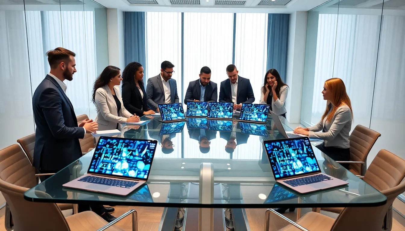 diverse professionals discussing Harmony blockchain in a modern office.
