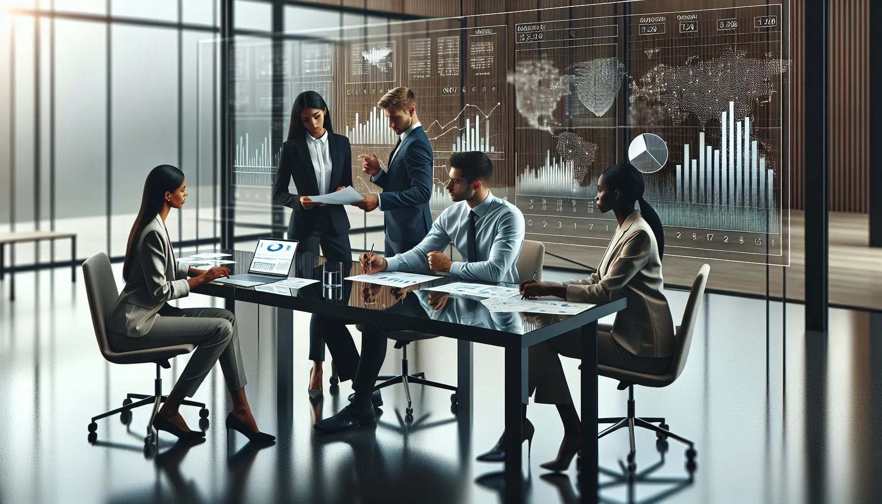 diverse professionals discussing financial data in a modern office.