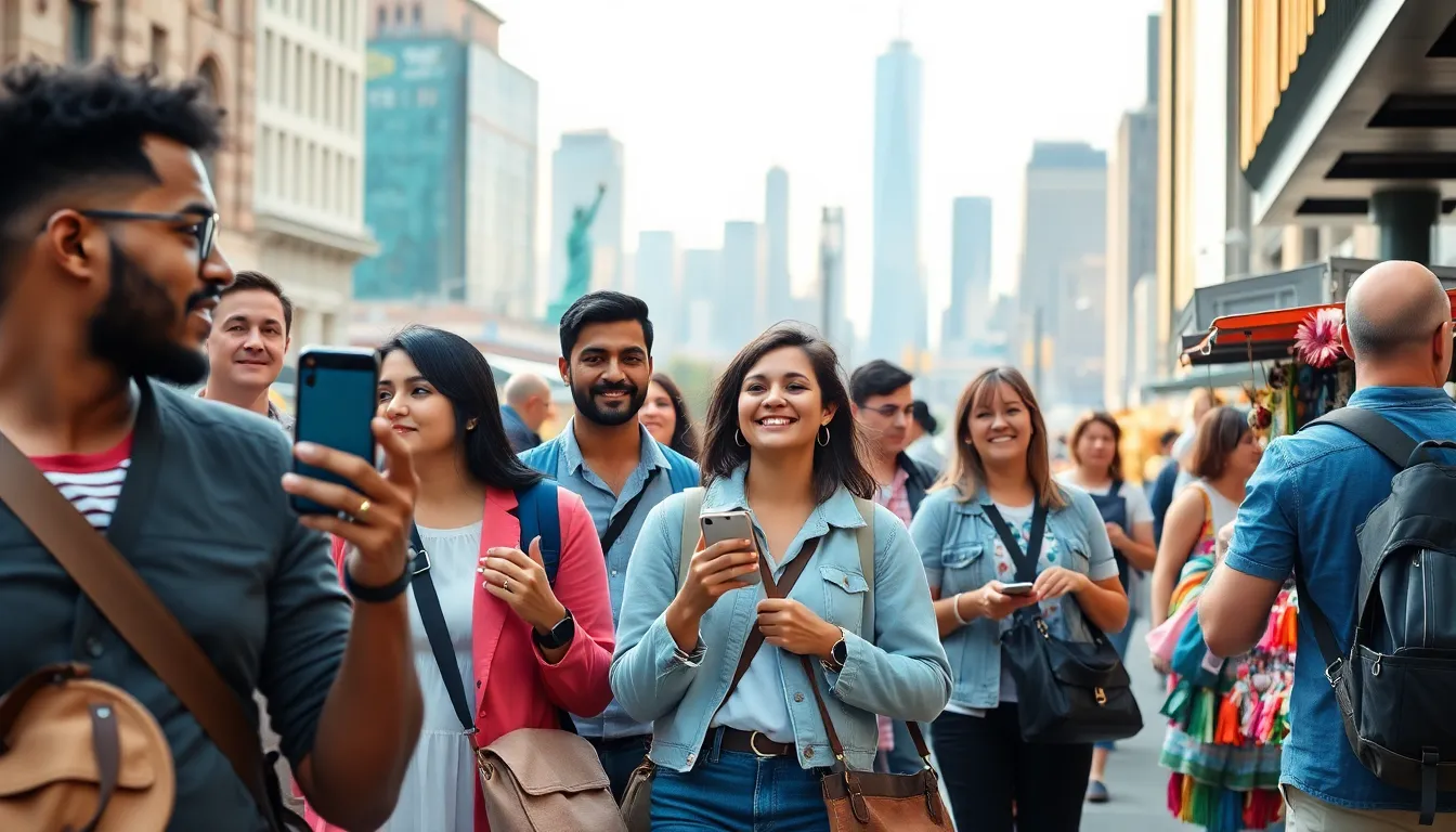 diverse group of tourists enjoying a vibrant market in the United States.