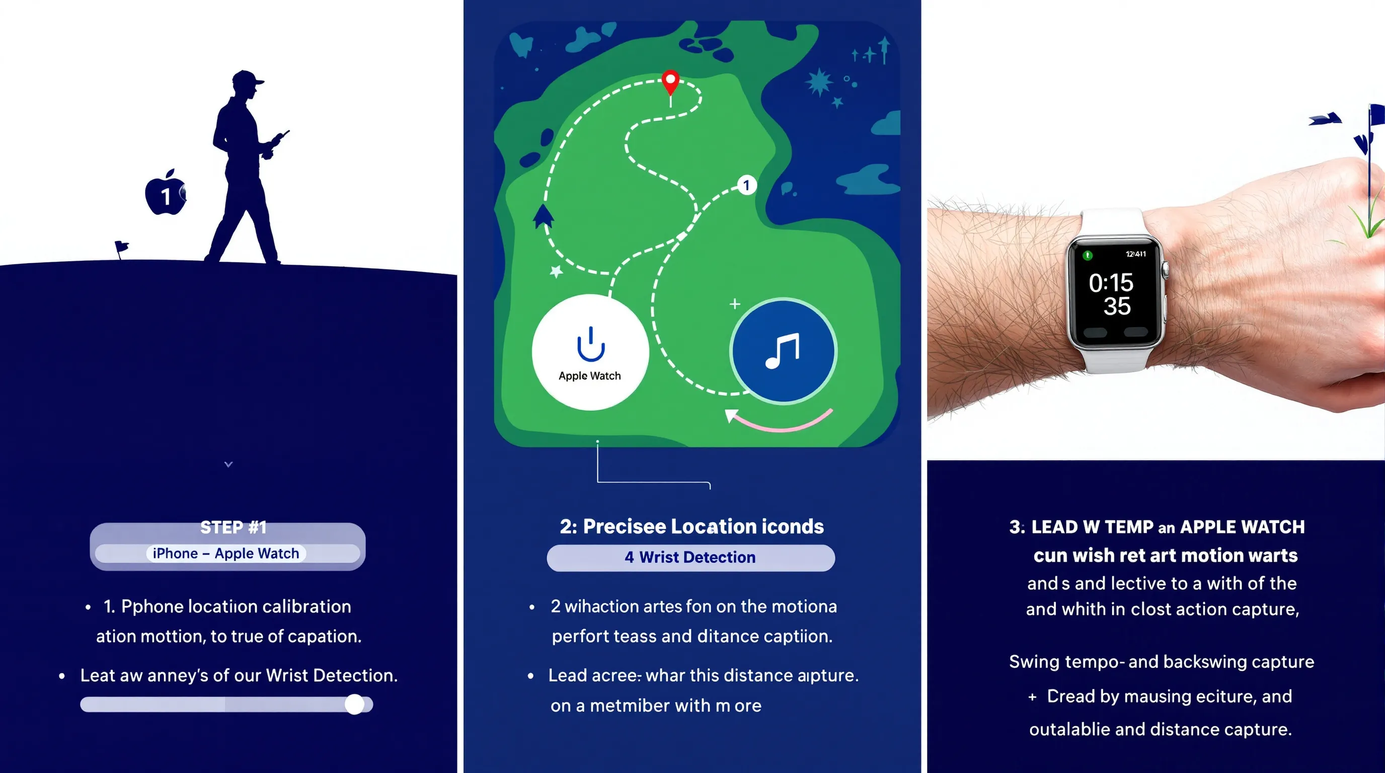 Three-step Apple Watch golf calibration: GPS walk, precise settings, practice swing.