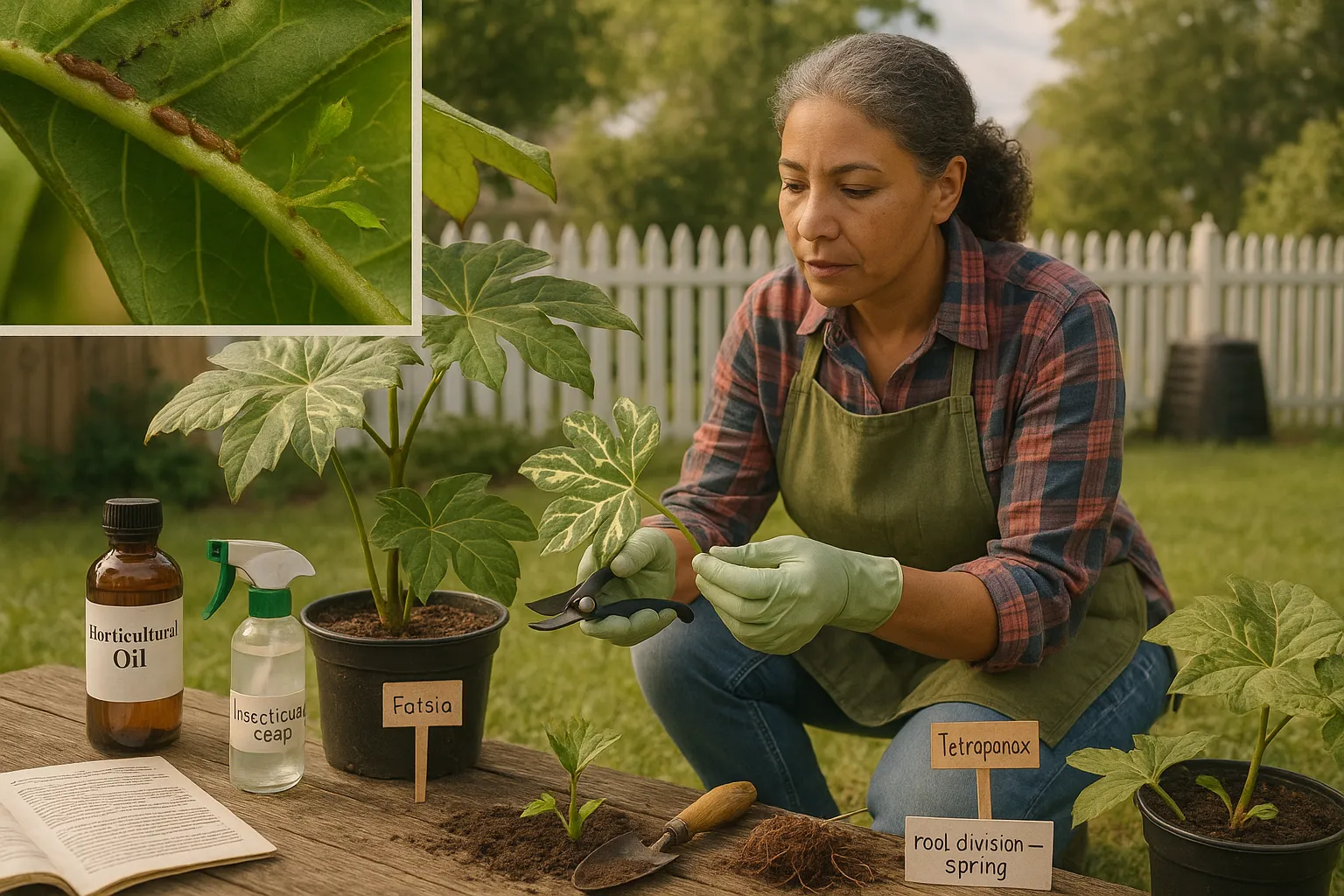 Gardener taking a Fatsia cutting with Tetrapanax and pests visible.