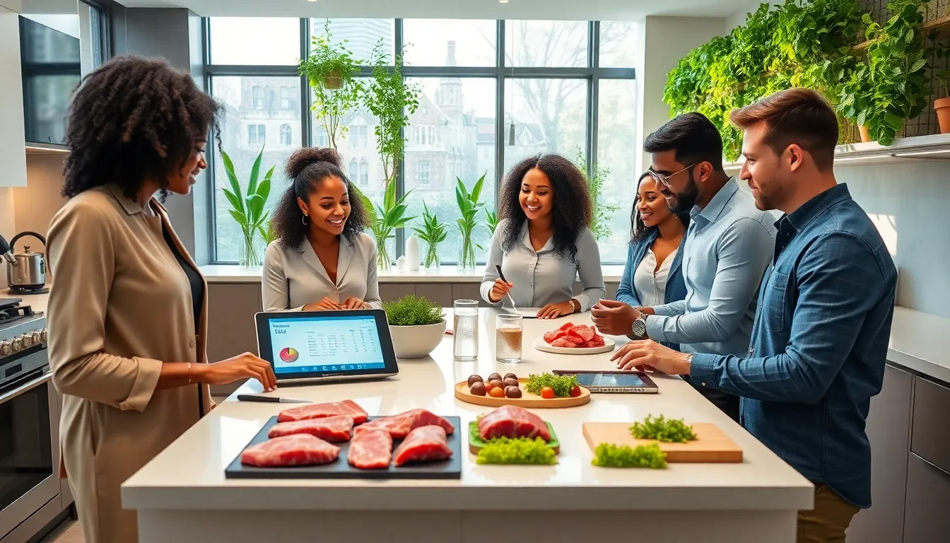 professionals collaborating in a modern kitchen on food tech innovations.