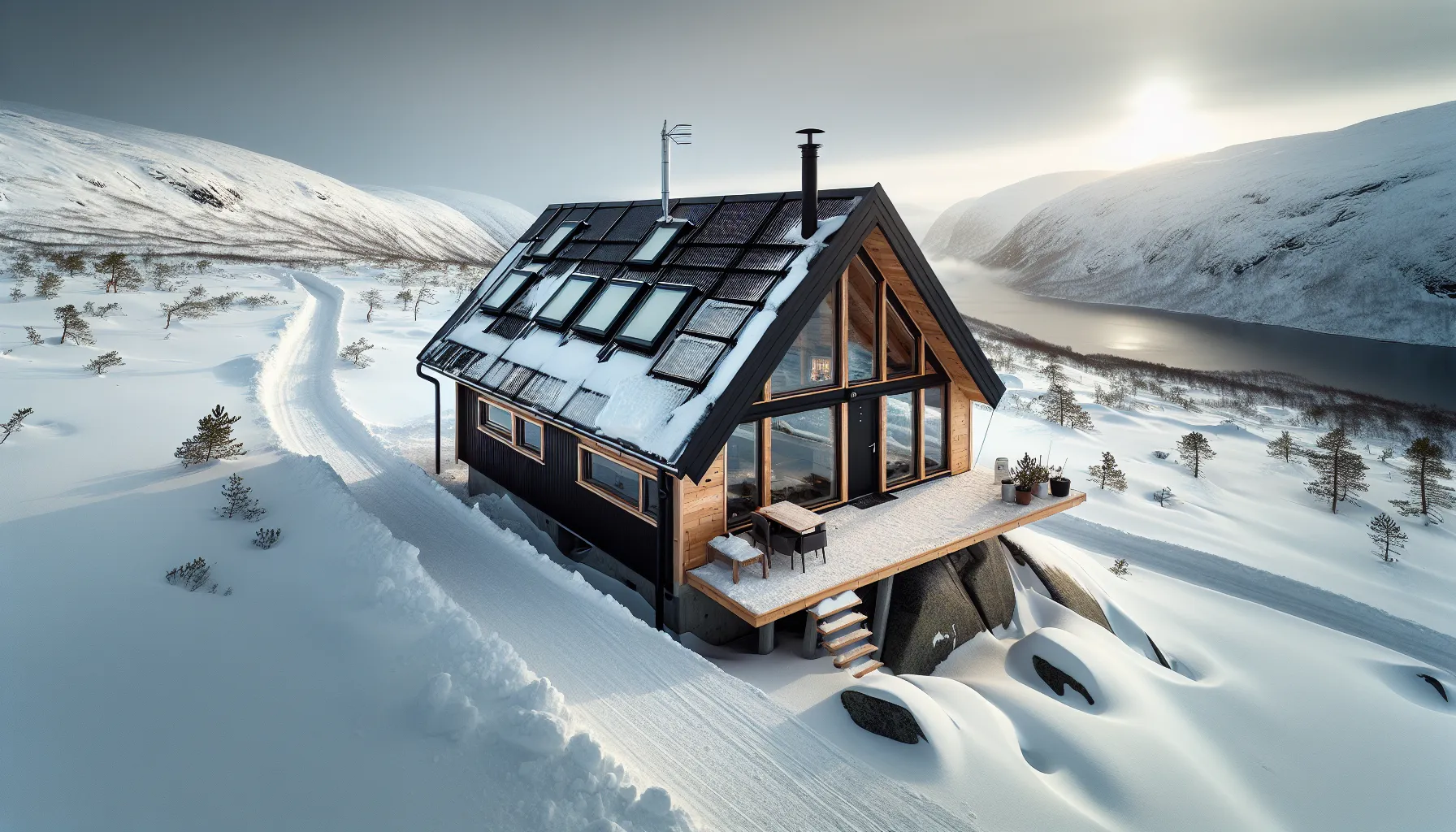 South-facing norwegian mountain cabin in winter sun, sheltered behind a ridge.