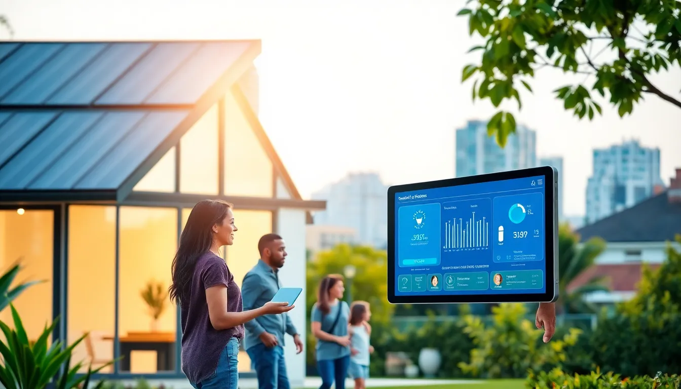 A modern eco-friendly home with solar panels and a diverse family inside.