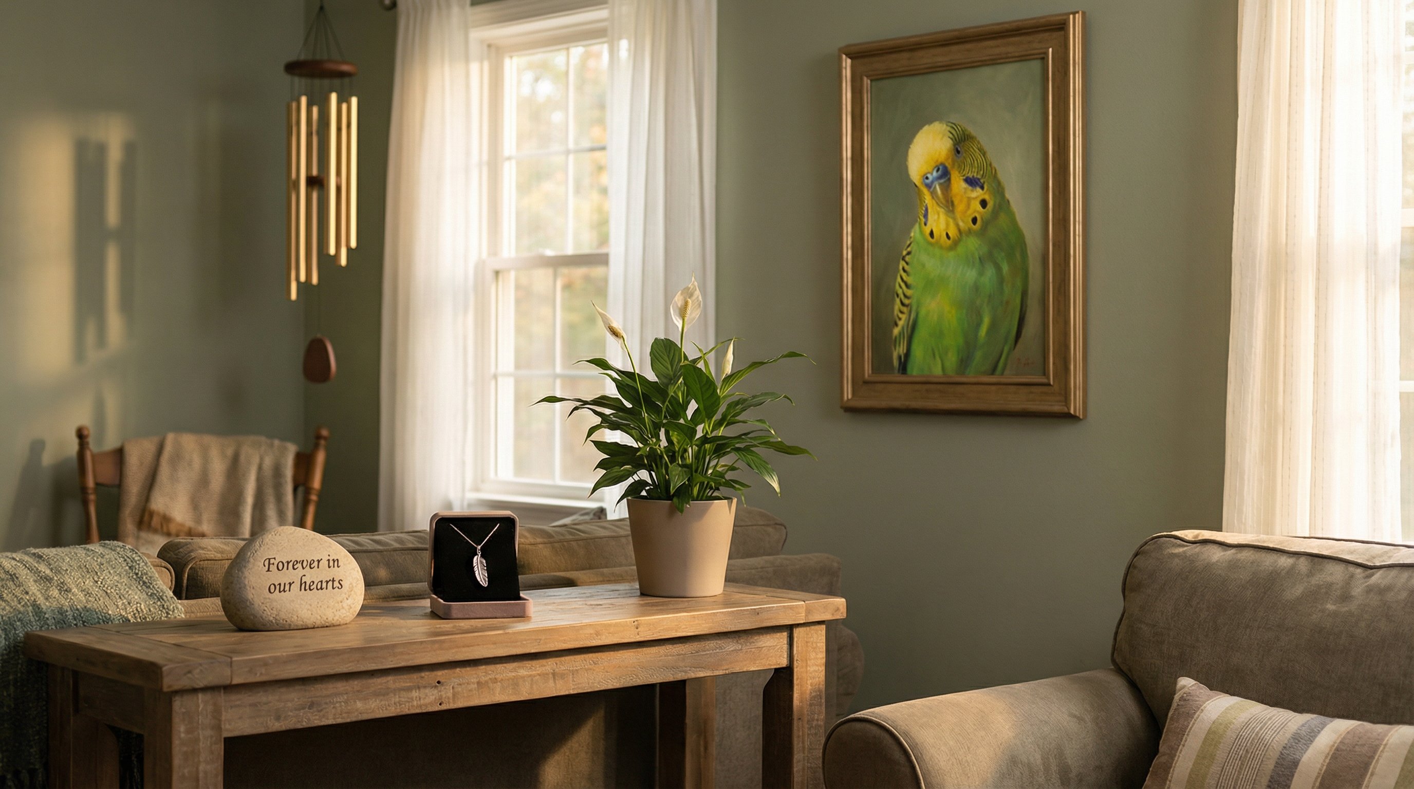 Framed custom bird portrait and sympathy gifts on a table in a sunlit room.