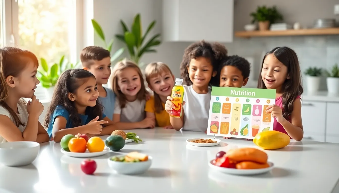 children learning about nutrition drinks in a bright kitchen.